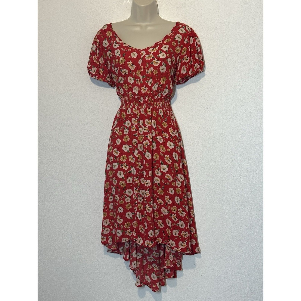 Western Prairie Red Floral Smocked Waist Hi/Lo Dress Sz M Puff Sleeve Cottage